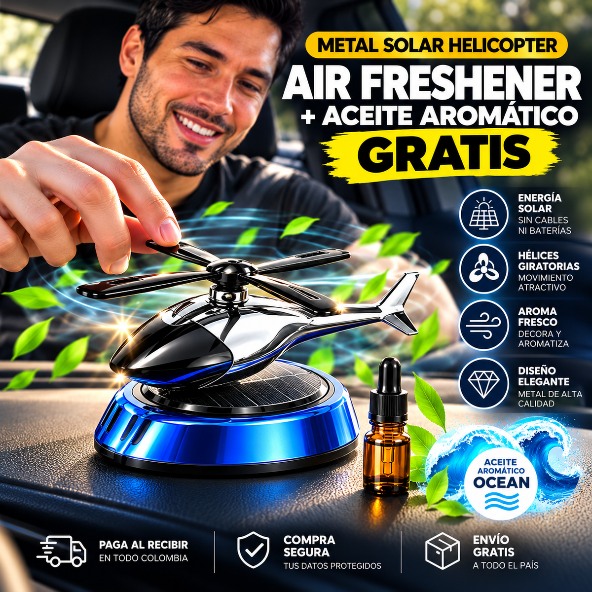 Metal Solar Helicopter Air Freshener Azul + Aceite aromático gratis