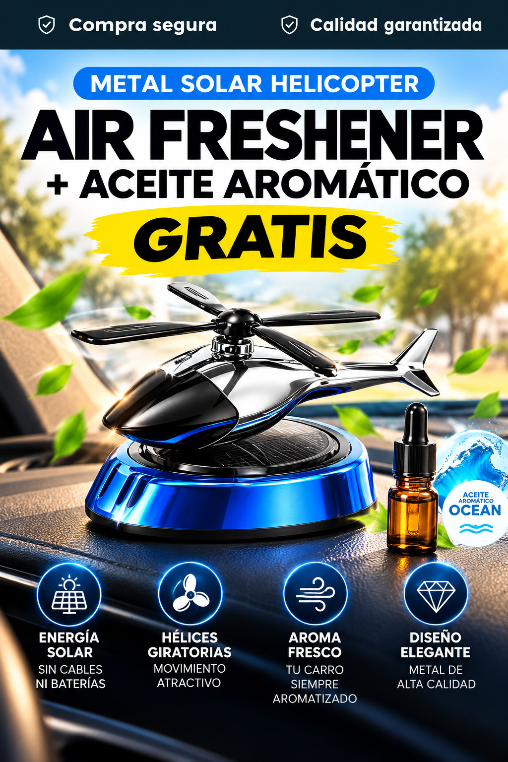 Metal Solar Helicopter Air Freshener Azul + Aceite aromático gratis