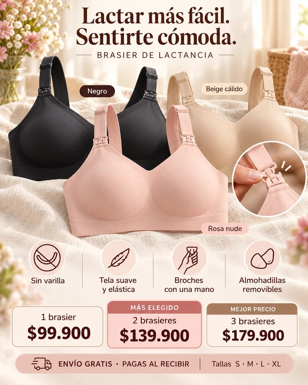 Brasier de lactancia en negro, beige y rosa nude: beneficios, tallas y ofertas