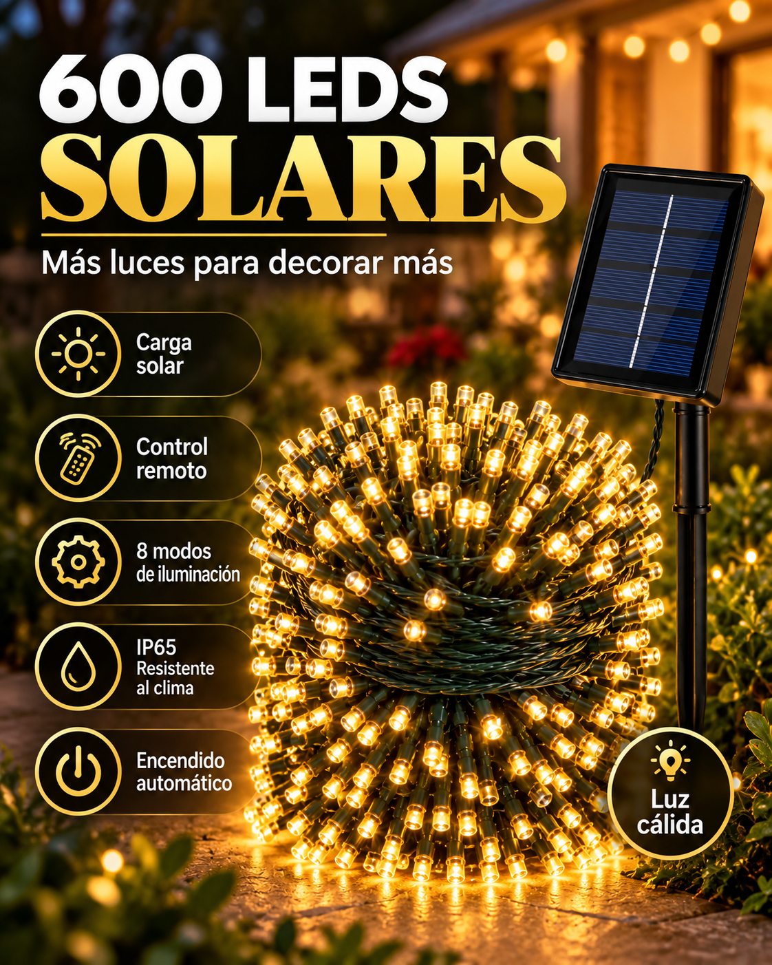 Luces Solares 600 LEDs · Control Remoto · 8 Modos · IP65 · Cero Consumo