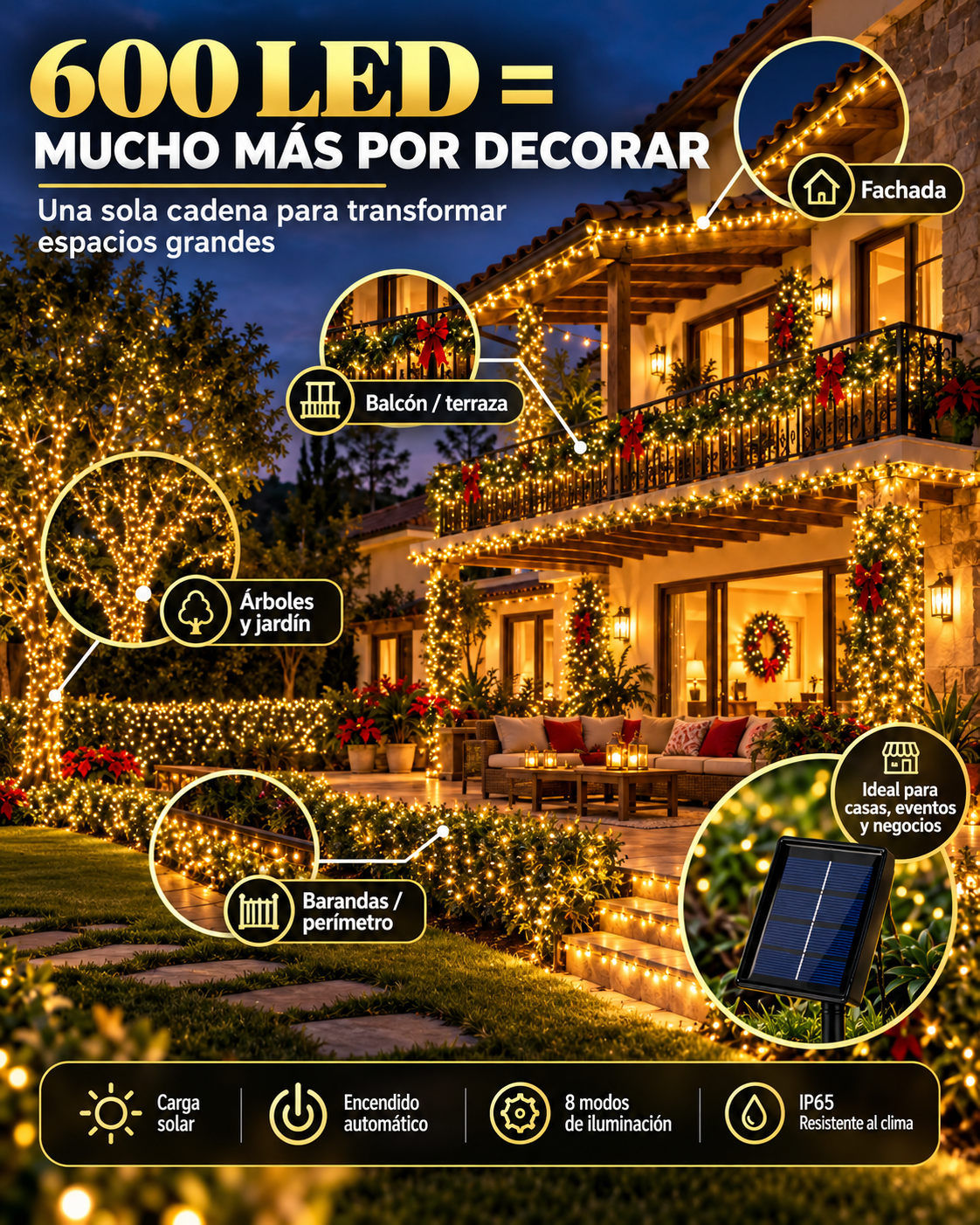 Luces Solares 600 LEDs · Control Remoto · 8 Modos · IP65 · Cero Consumo