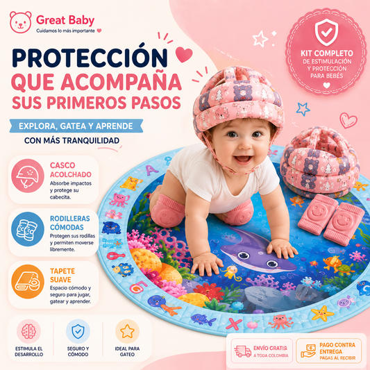 Kit Bebé Primeros Pasos Seguros 3 en 1 – Tapete Marino + Casco Protector + Rodilleras