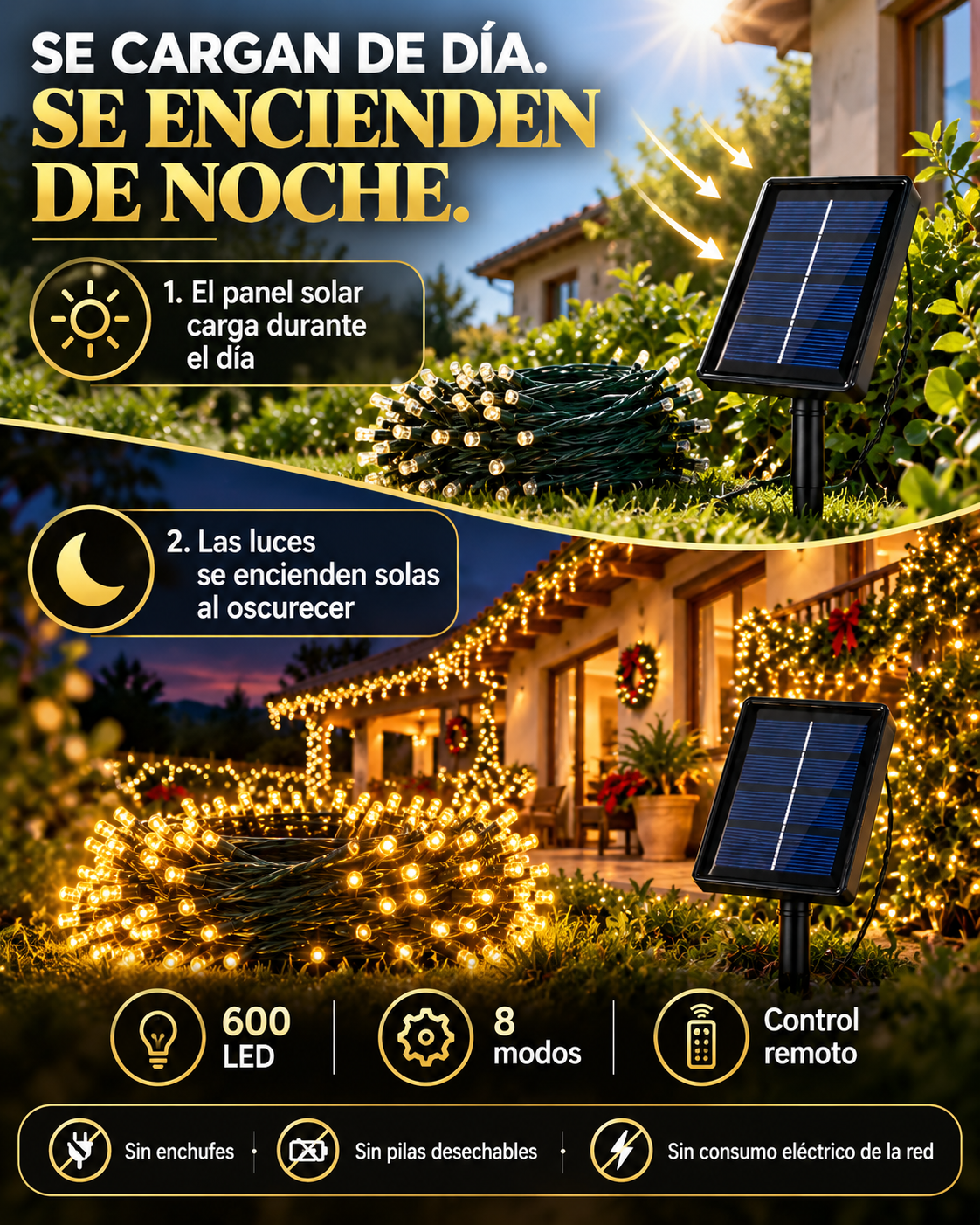 Luces Solares 600 LEDs · Control Remoto · 8 Modos · IP65 · Cero Consumo