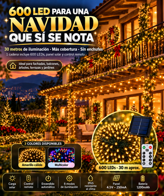 Luces Solares 600 LEDs · Control Remoto · 8 Modos · IP65 · Cero Consumo